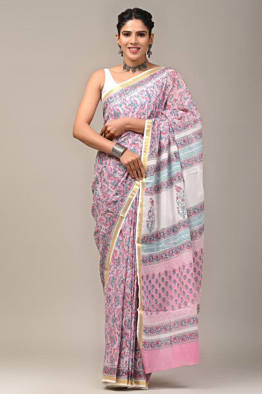 Hand Block Printing Saree on Cotton Zari