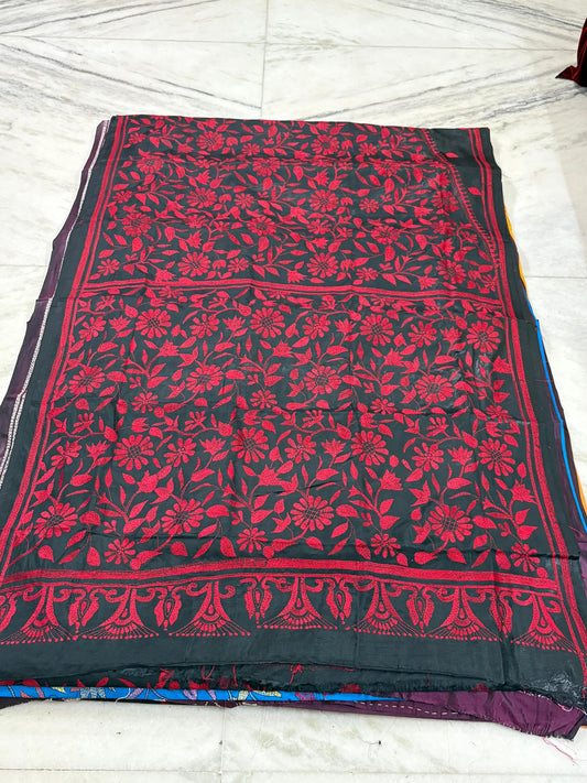 Blended Bangalore Silk Hand Crafted Kantha Stitch Saree