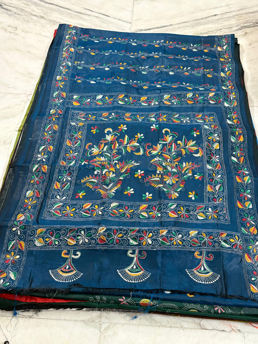 Blended Bangalore Silk Hand Crafted Kantha Stitch Saree