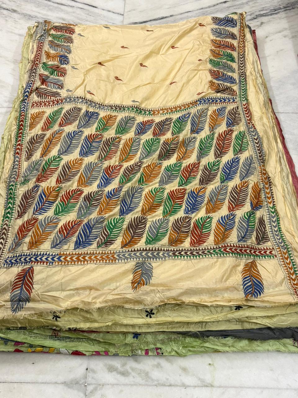 Pure Bangalore Silk Hand Crafted Kantha Stitch Saree