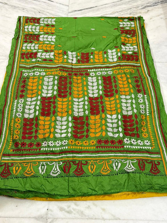 Pure Bangalore Silk Hand Crafted Kantha Stitch Saree