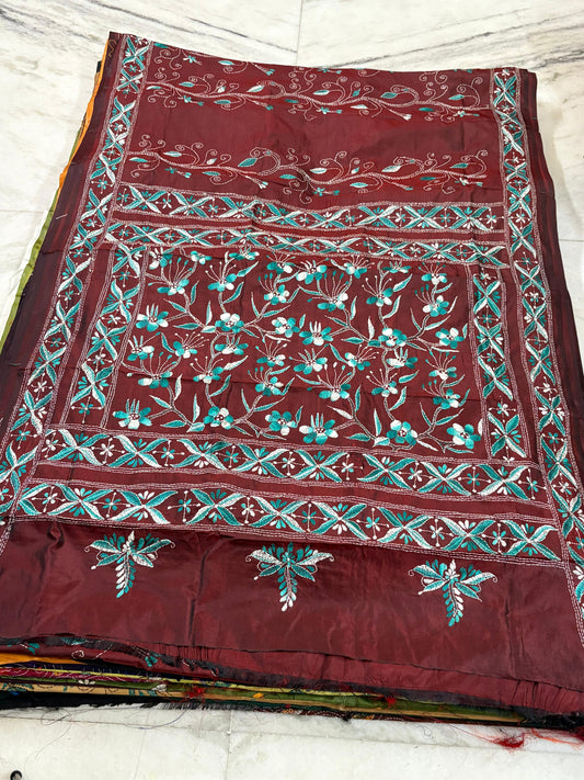 Blended Bangalore Silk Hand Crafted Kantha Stitch Saree