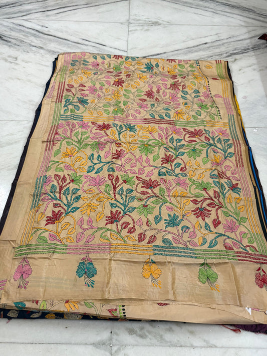 Blended Bangalore Silk Hand Crafted Kantha Stitch Saree