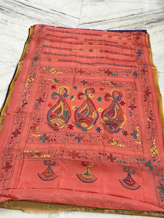Blended Murshidabad Silk Hand Crafted Kantha Stitch Saree