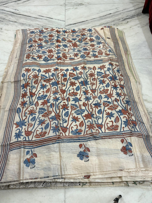 Pure Gachhi Tussar Handicrafts Kantha Stitch Saree