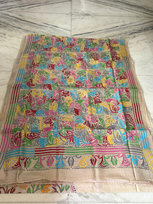 Pure Gachhi Tussar Handicrafts Kantha Stitch Saree