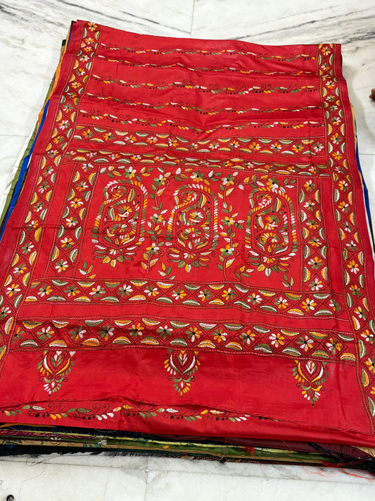 Blended Bangalore Silk Hand Crafted Kantha Stitch Saree