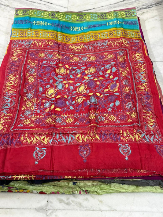 Pure Bangalore Silk Hand Crafted Kantha Stitch Saree