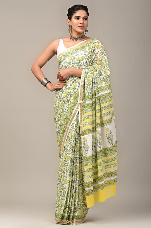 Hand Block Printing Saree on Cotton Zari