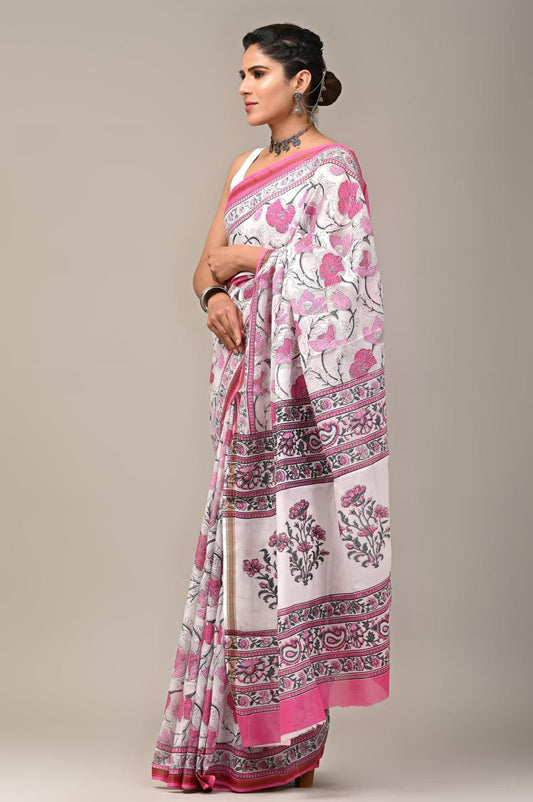 Hand Block Printing Saree on Cotton Zari