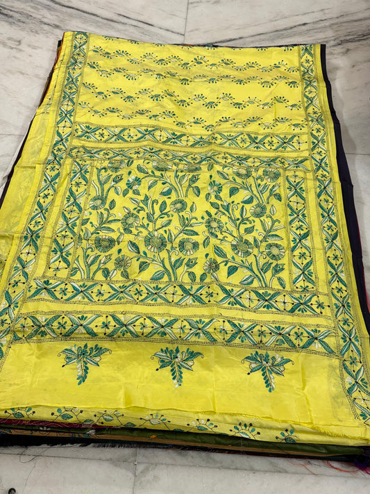 Blended Bangalore Silk Hand Crafted Kantha Stitch Saree