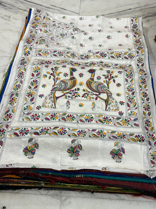 Blended Bangalore Silk Hand Crafted Kantha Stitch Saree