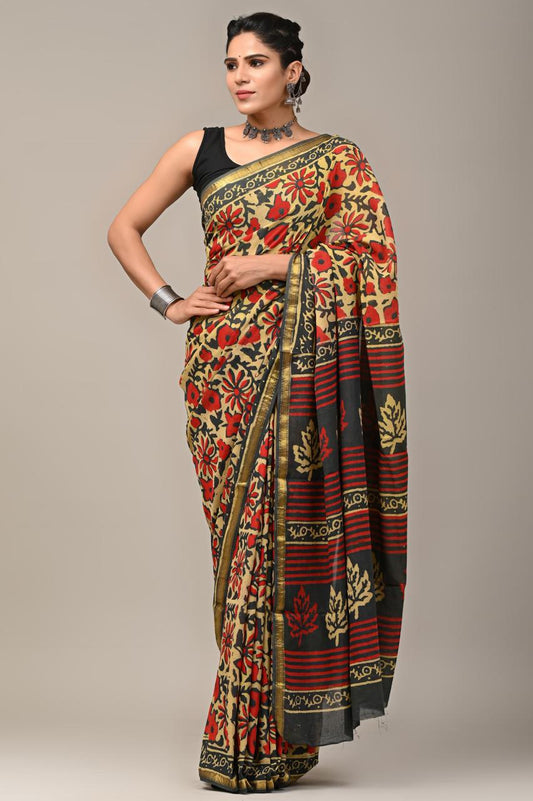 Hand Block Printing Saree on Cotton Zari