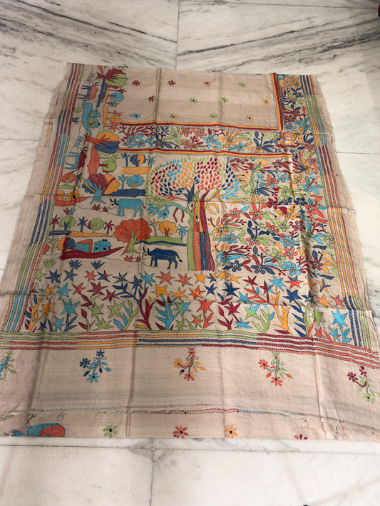 Pure Gachhi Tussar Handicrafts Kantha Stitch Saree