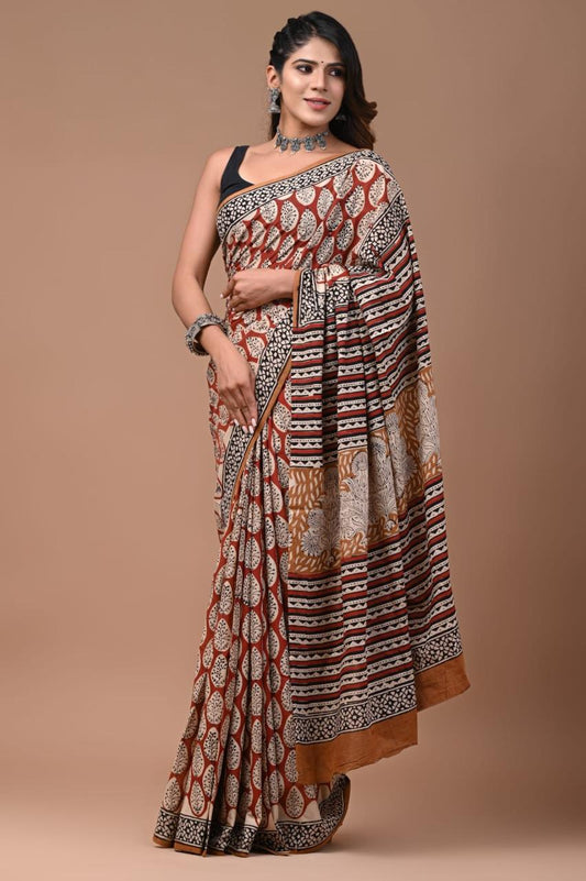 Natural Color Hand Block Print Saree