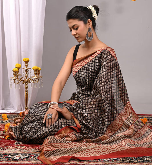 Natural Color Hand Block Print Saree