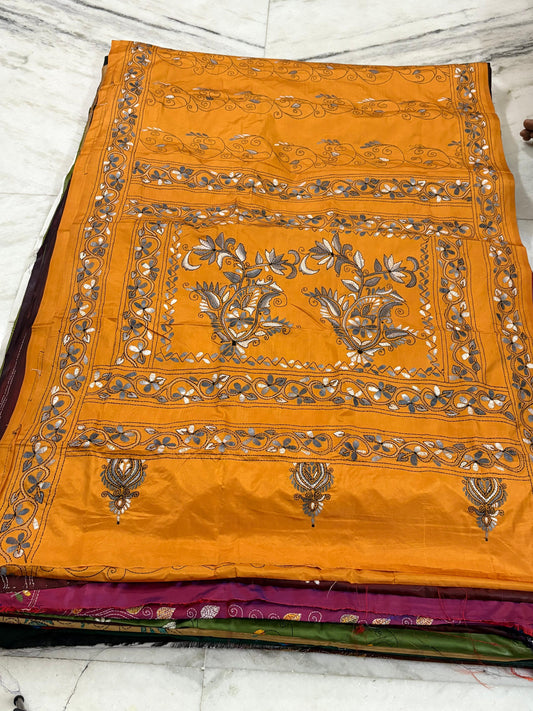 Blended Bangalore Silk Hand Crafted Kantha Stitch Saree