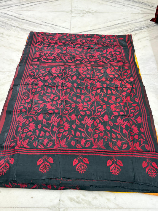 Blended Bangalore Silk Hand Crafted Kantha Stitch Saree