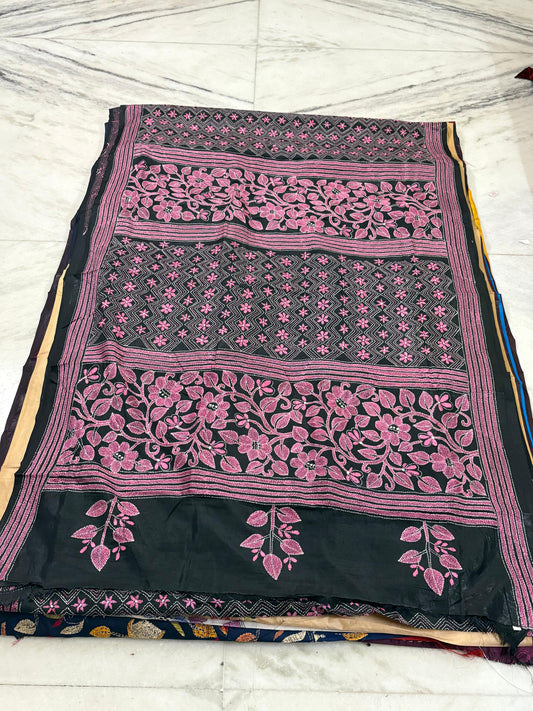 Blended Bangalore Silk Hand Crafted Kantha Stitch Saree