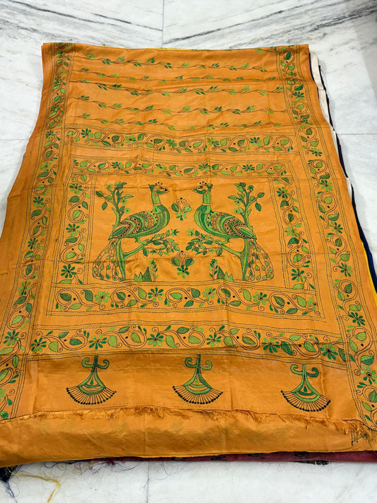 Blended Murshidabad Silk Hand Crafted Kantha Stitch Saree