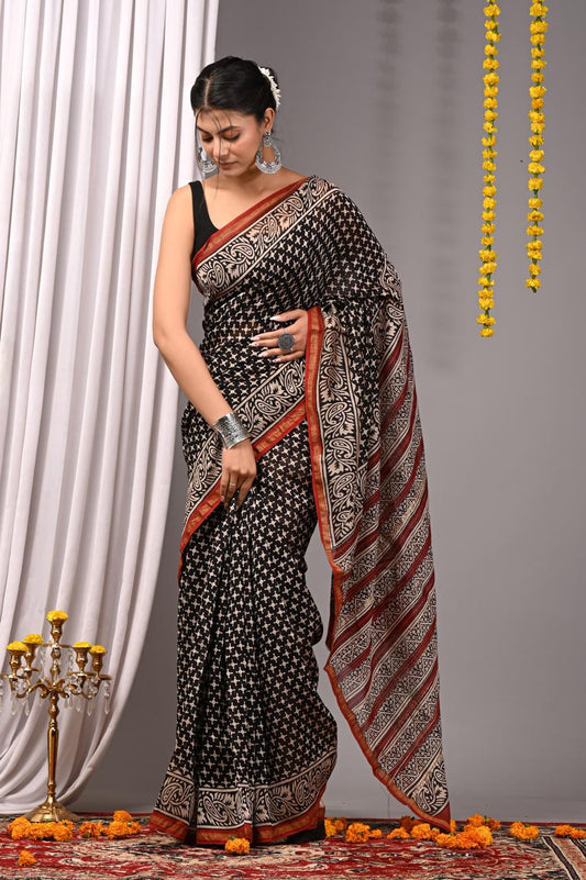 Hand Block Print Saree on Chanderi Silk