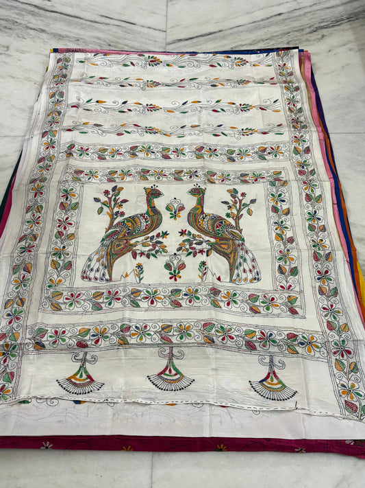 Blended Murshidabad Silk Hand Crafted Kantha Stitch Saree