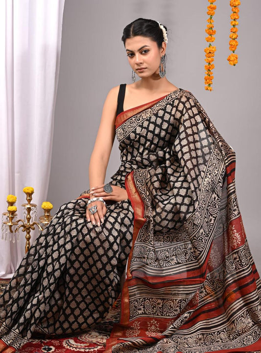 Natural Color Hand Block Print Saree