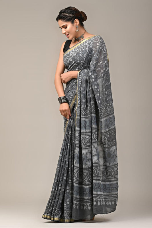 Hand Block Printing Saree on Cotton Zari