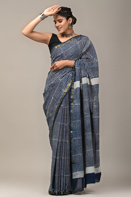 Hand Block Printing Saree on Cotton Zari