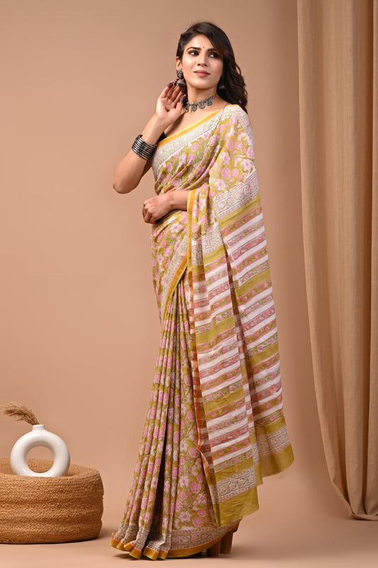 Hand Block Printing Saree on Cotton Zari