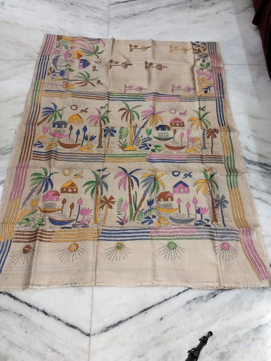 Pure Gachhi Tussar Handicrafts Kantha Stitch Saree