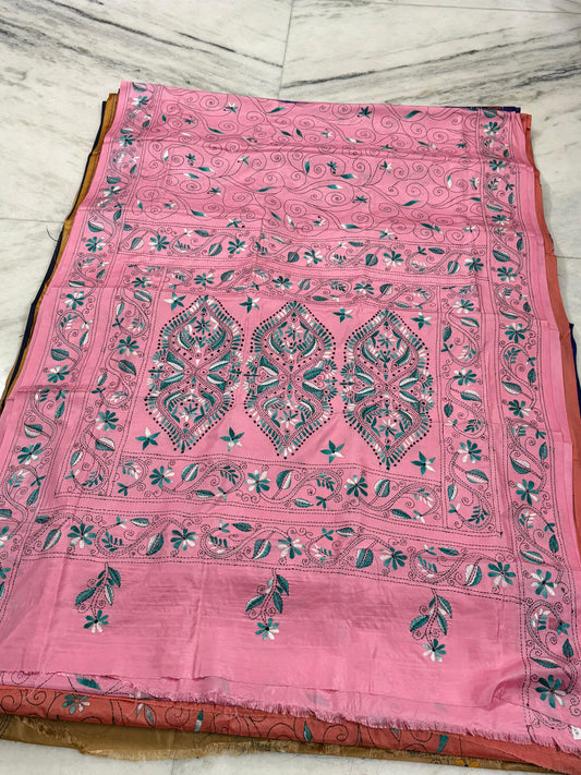 Blended Murshidabad Silk Hand Crafted Kantha Stitch Saree