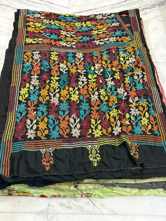 Pure Bangalore Silk Hand Crafted Kantha Stitch Saree