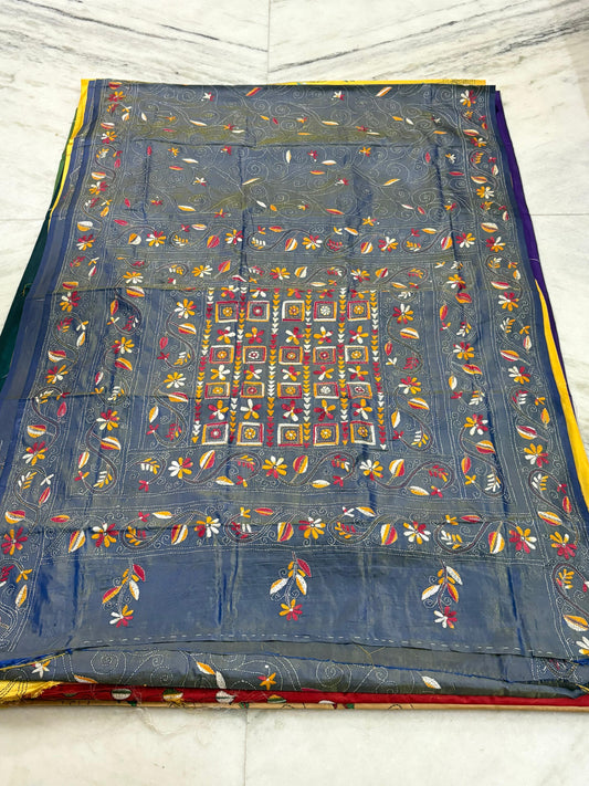 Blended Murshidabad Silk Hand Crafted Kantha Stitch Saree