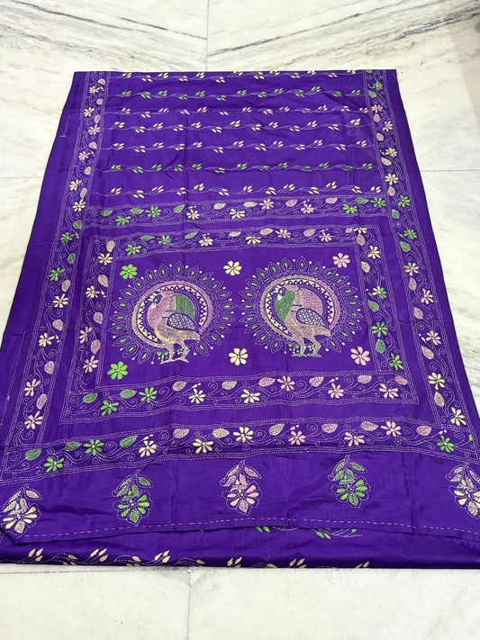 Blended Murshidabad Silk Hand Crafted Kantha Stitch Saree