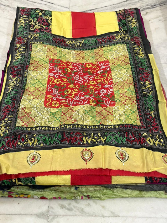 Pure Bangalore Silk Hand Crafted Kantha Stitch Saree