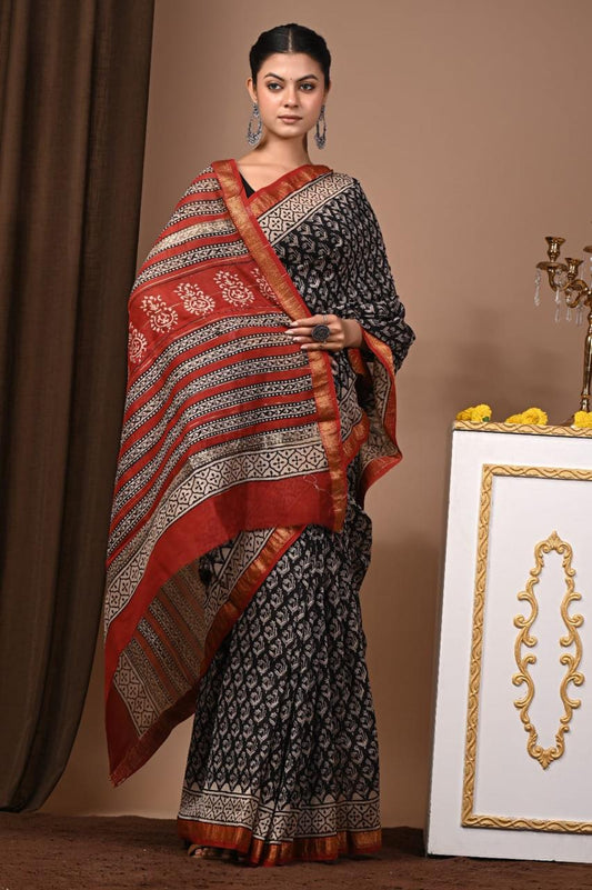 Natural Color Hand Block Print Saree