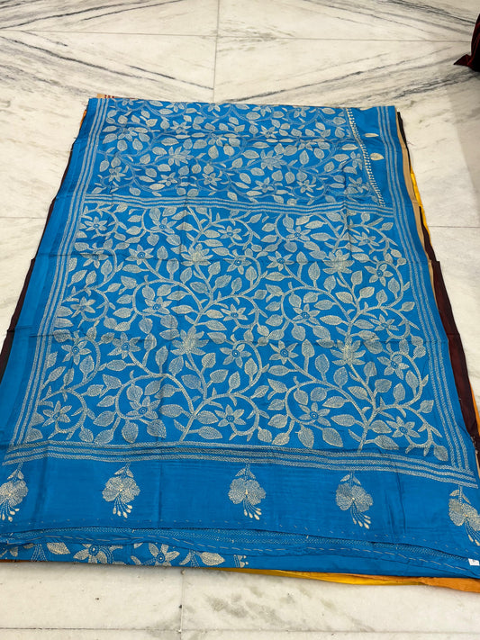 Blended Bangalore Silk Hand Crafted Kantha Stitch Saree