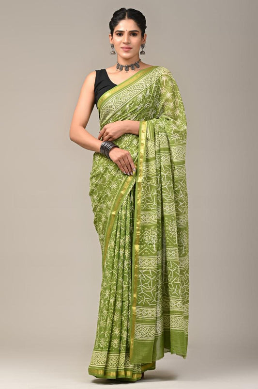 Hand Block Printing Saree on Cotton Zari
