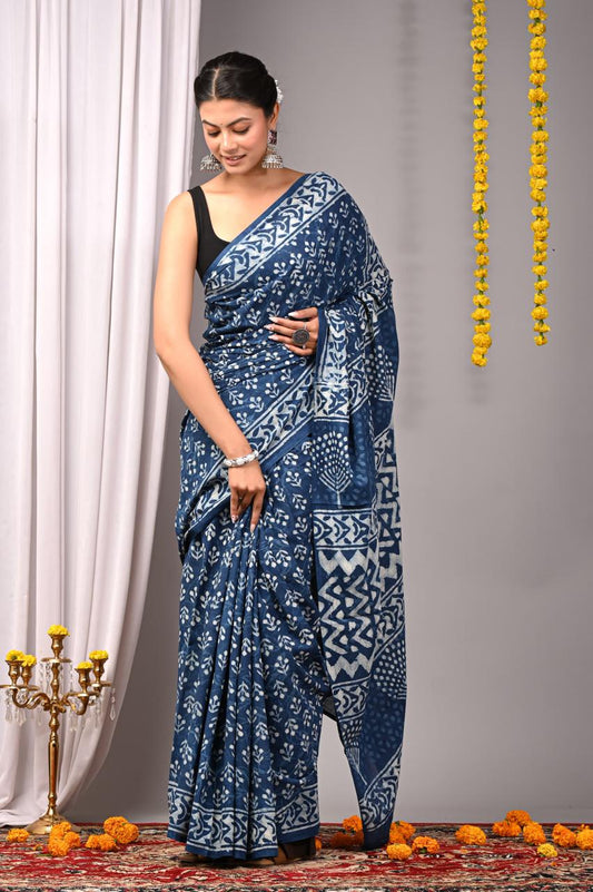 Hand Block Printing Saree with Indigo Dyes