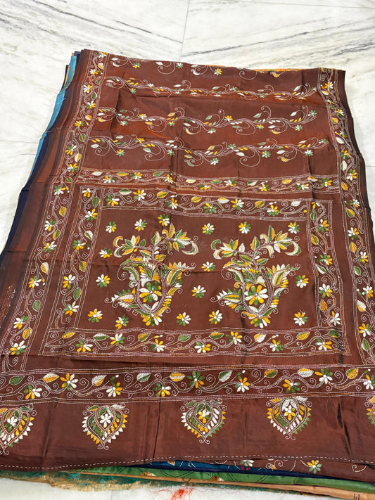 Blended Murshidabad Silk Hand Crafted Kantha Stitch Saree