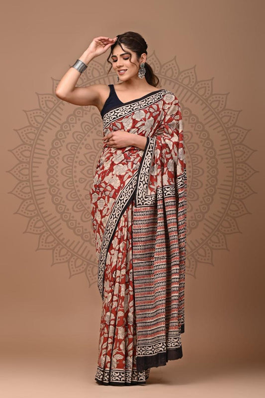 Natural Color Hand Block Print Saree