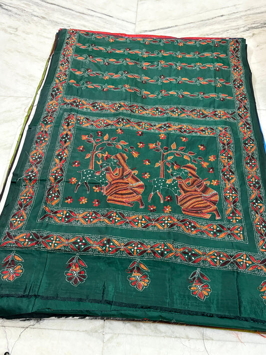 Blended Bangalore Silk Hand Crafted Kantha Stitch Saree