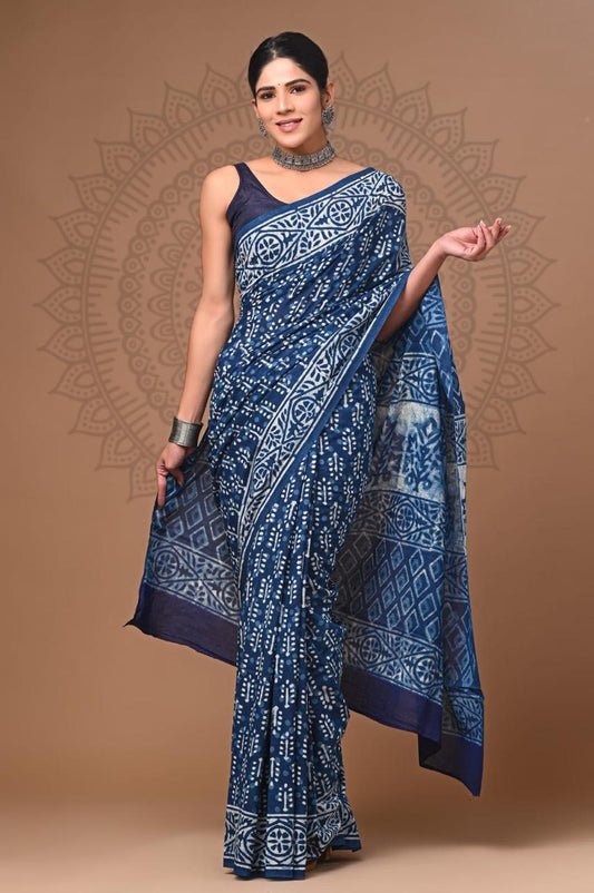 Hand Block Printing Saree with Indigo Dyes