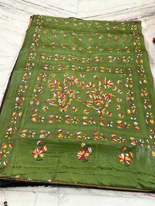 Blended Bangalore Silk Hand Crafted Kantha Stitch Saree