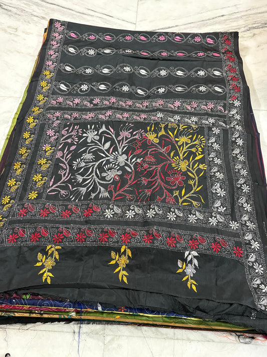 Blended Bangalore Silk Hand Crafted Kantha Stitch Saree