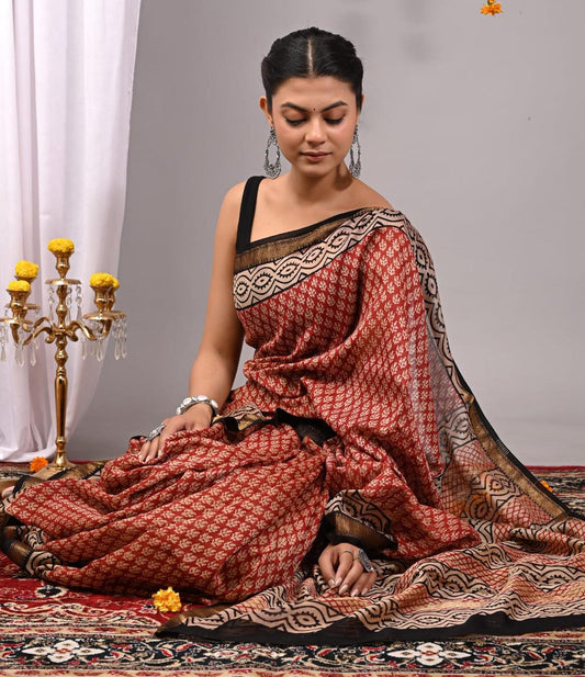 Natural Color Hand Block Print Saree