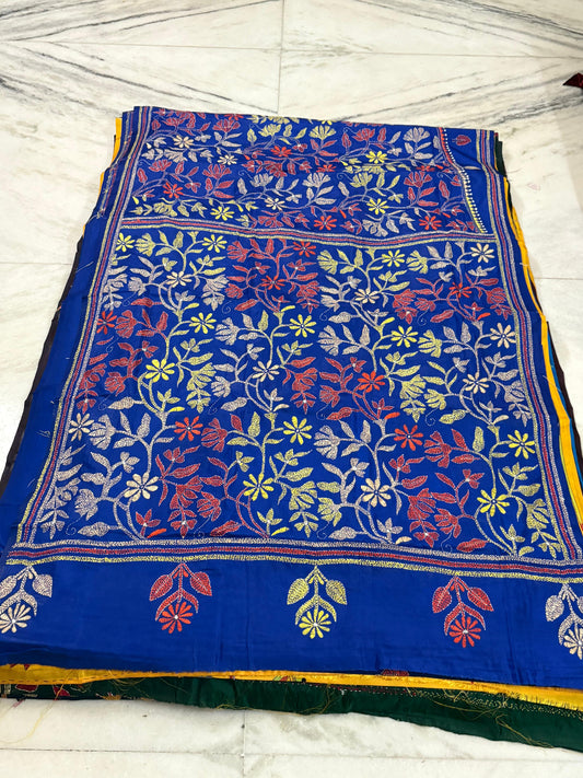 Blended Bangalore Silk Hand Crafted Kantha Stitch Saree