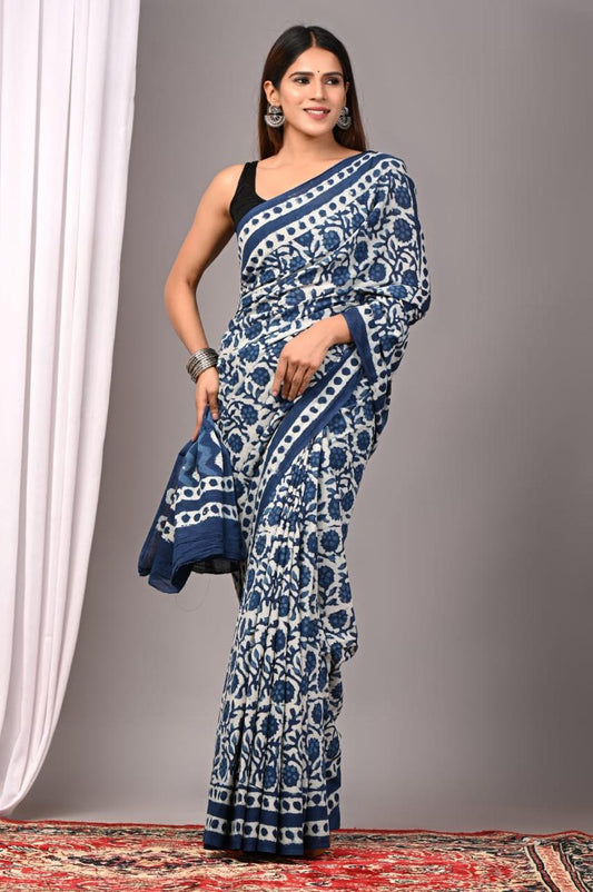 Hand Block Printing Saree with Indigo Dyes