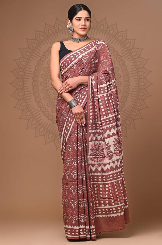 Natural Color Hand Block Print Saree